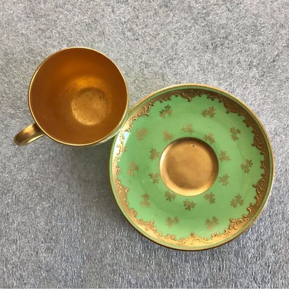 Coalport England Green Gold Gilt Embossed Trim Floral Demitasse Cup & Saucer Set - Picture 7 of 16